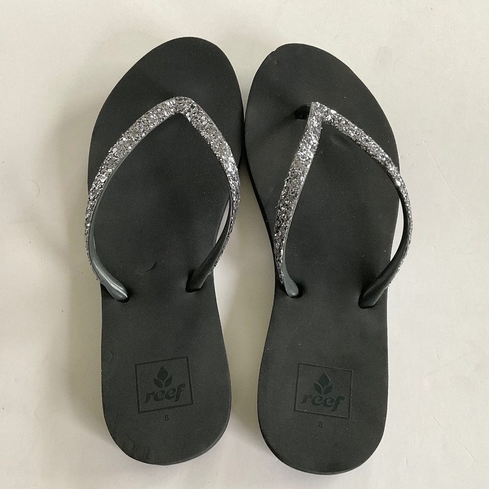 REEF Glitter Flip Flop Sandal Black Silver Size 8